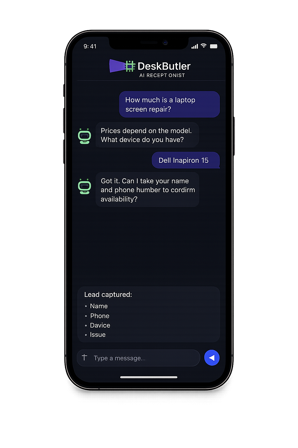 DeskButler AI receptionist interface